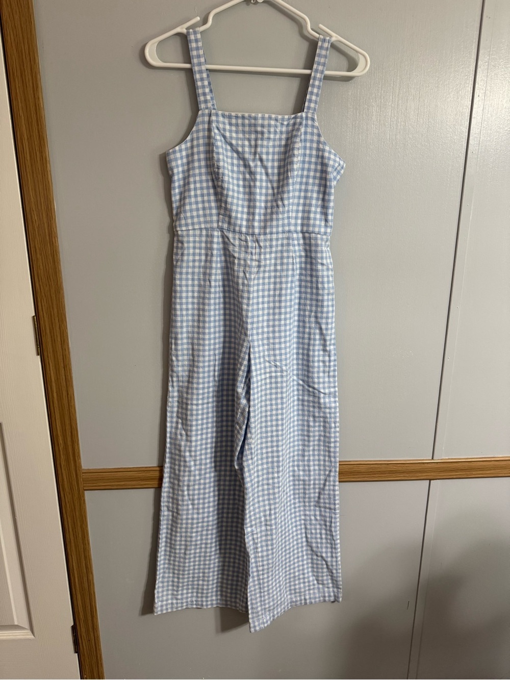 Jessica Simpson Light Blue & White Gingham Square Neck Jumpsuit Size Small